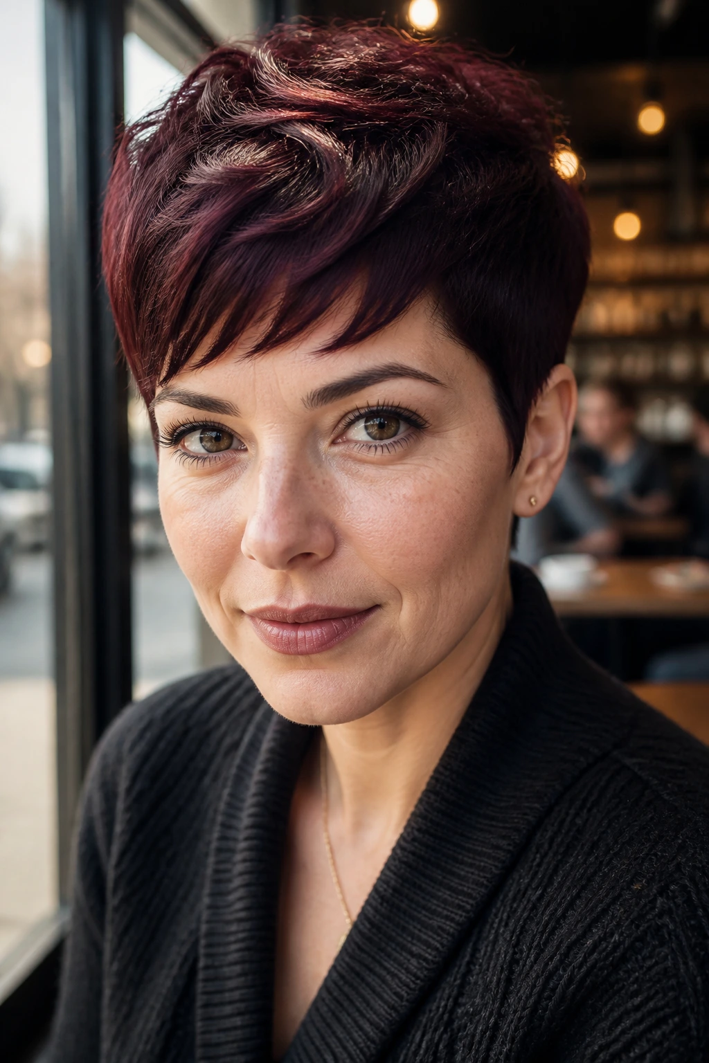 Close-up of a real woman with Midnight Burgundy Pixie under cafe window light