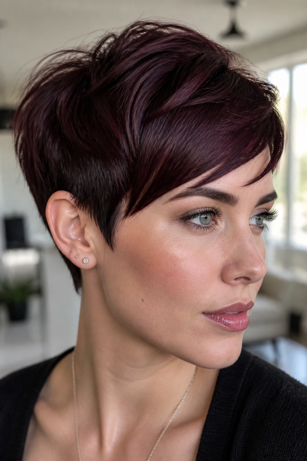Real person with midnight burgundy pixie haircut, bold and glossy