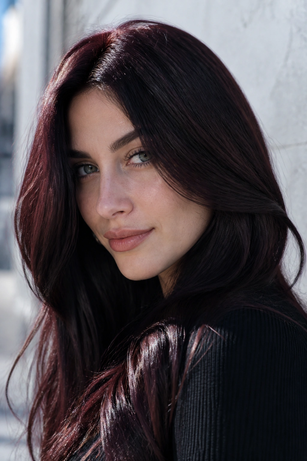 Close-up of a real woman with midnight cherry brunette and deep contrast.