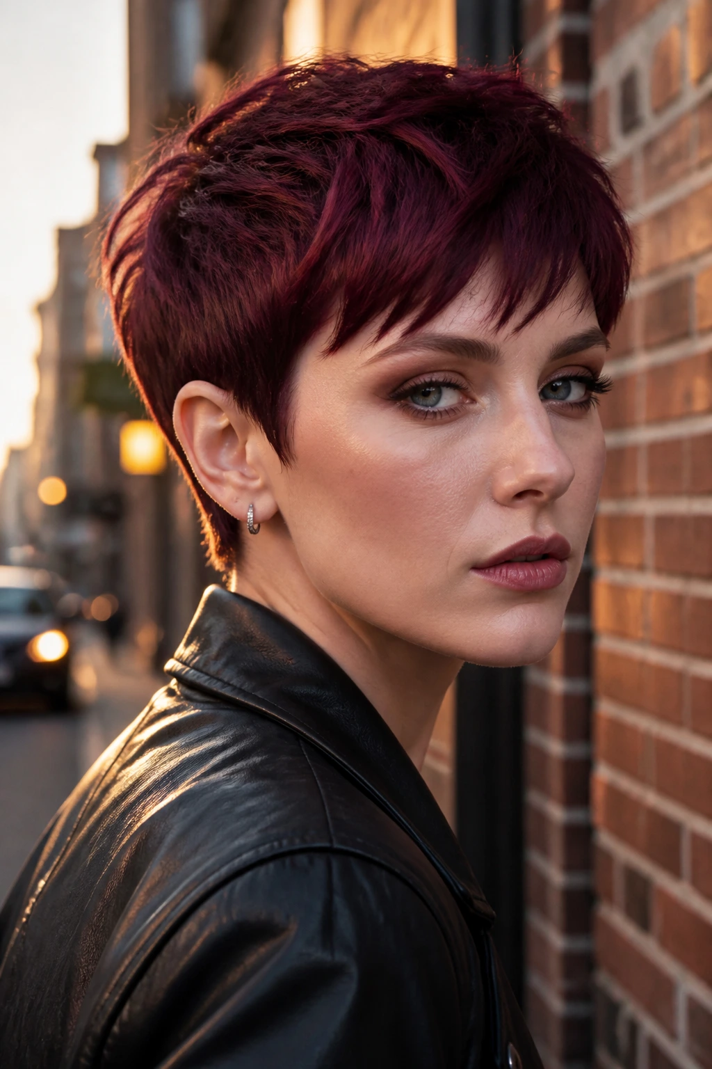 Close-up of a real woman with a midnight cherry pixie cut.