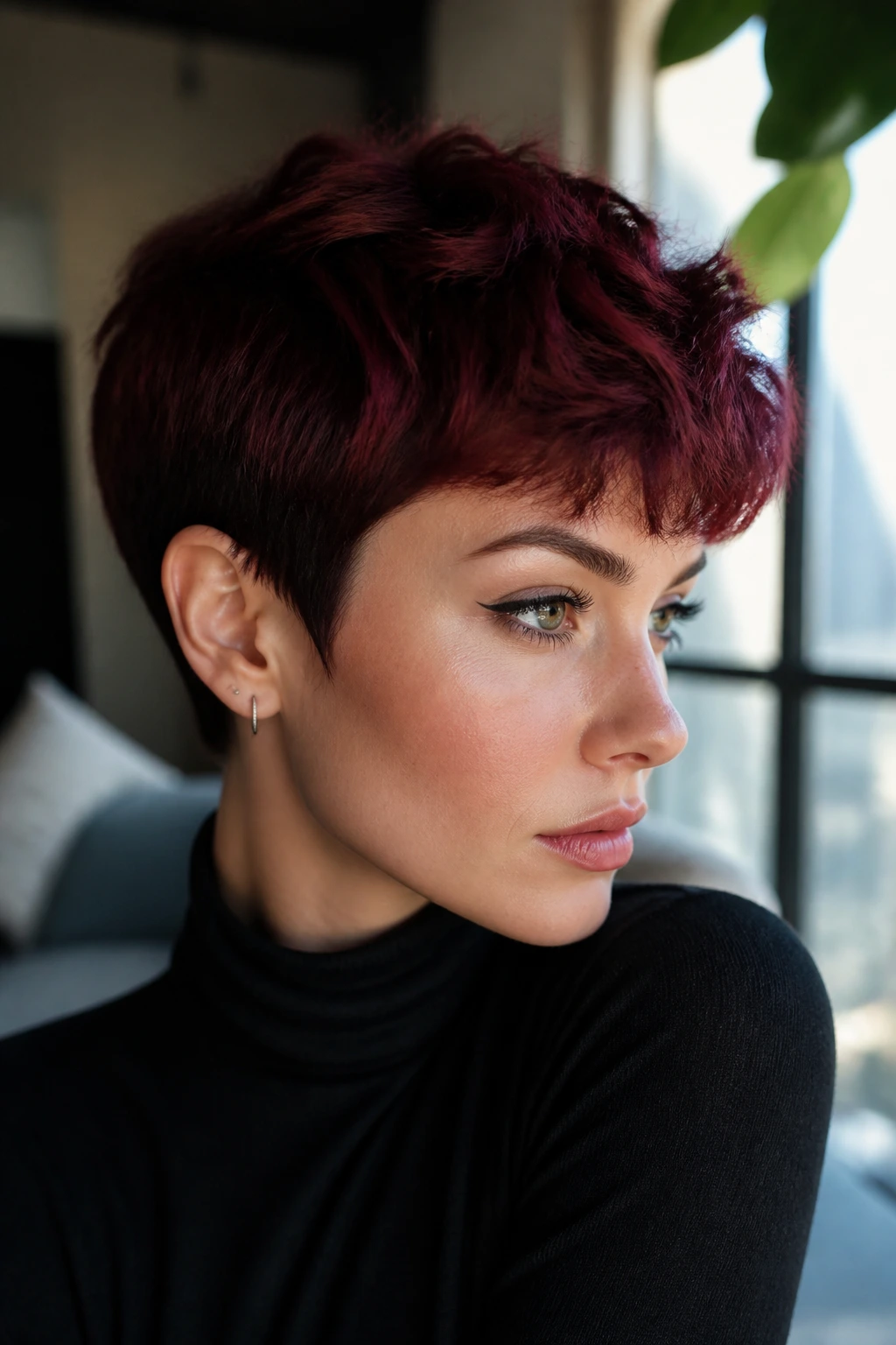 Real person with a midnight cherry pixie crop in dark red hair.