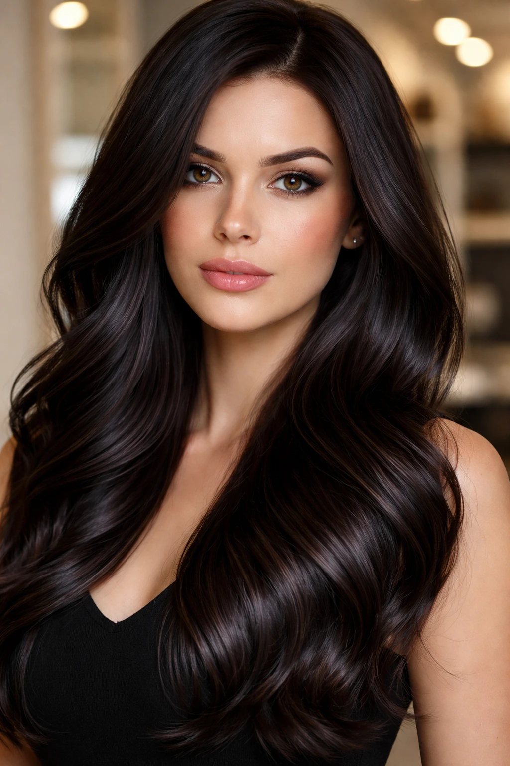 Close-up of a person with midnight chocolate hair, near-black cool brown with brown sheen