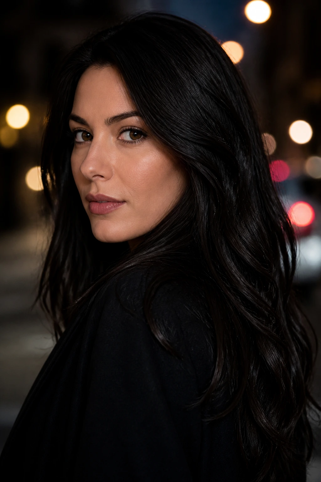 Close-up of a real woman with midnight chocolate hair at night on a city street.