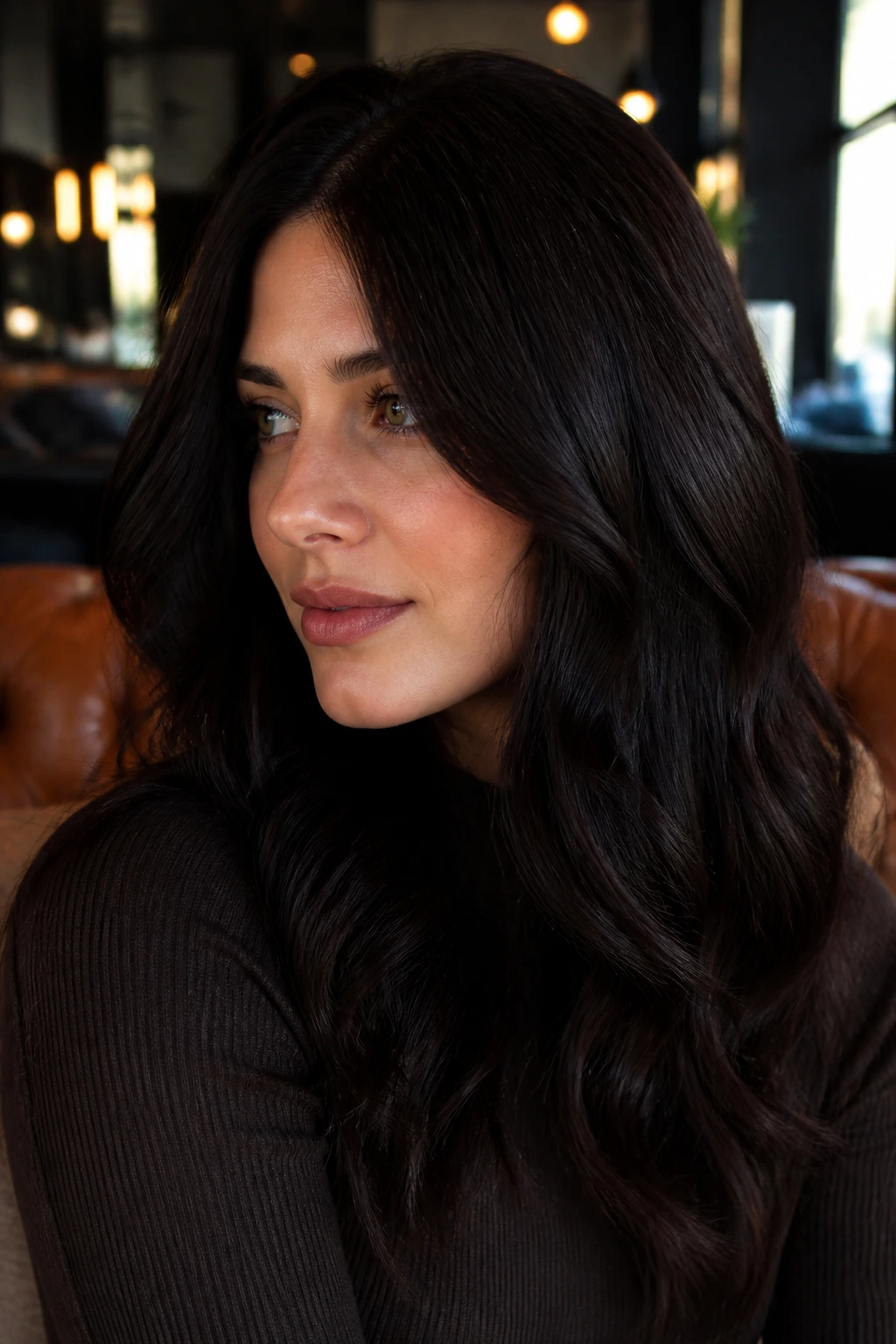 Real woman with midnight chocolate hair in a warm contemporary lounge.