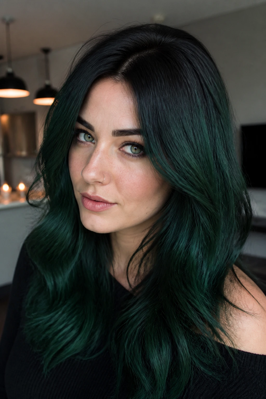 Close-up portrait of a real person with black roots and midnight emerald hair