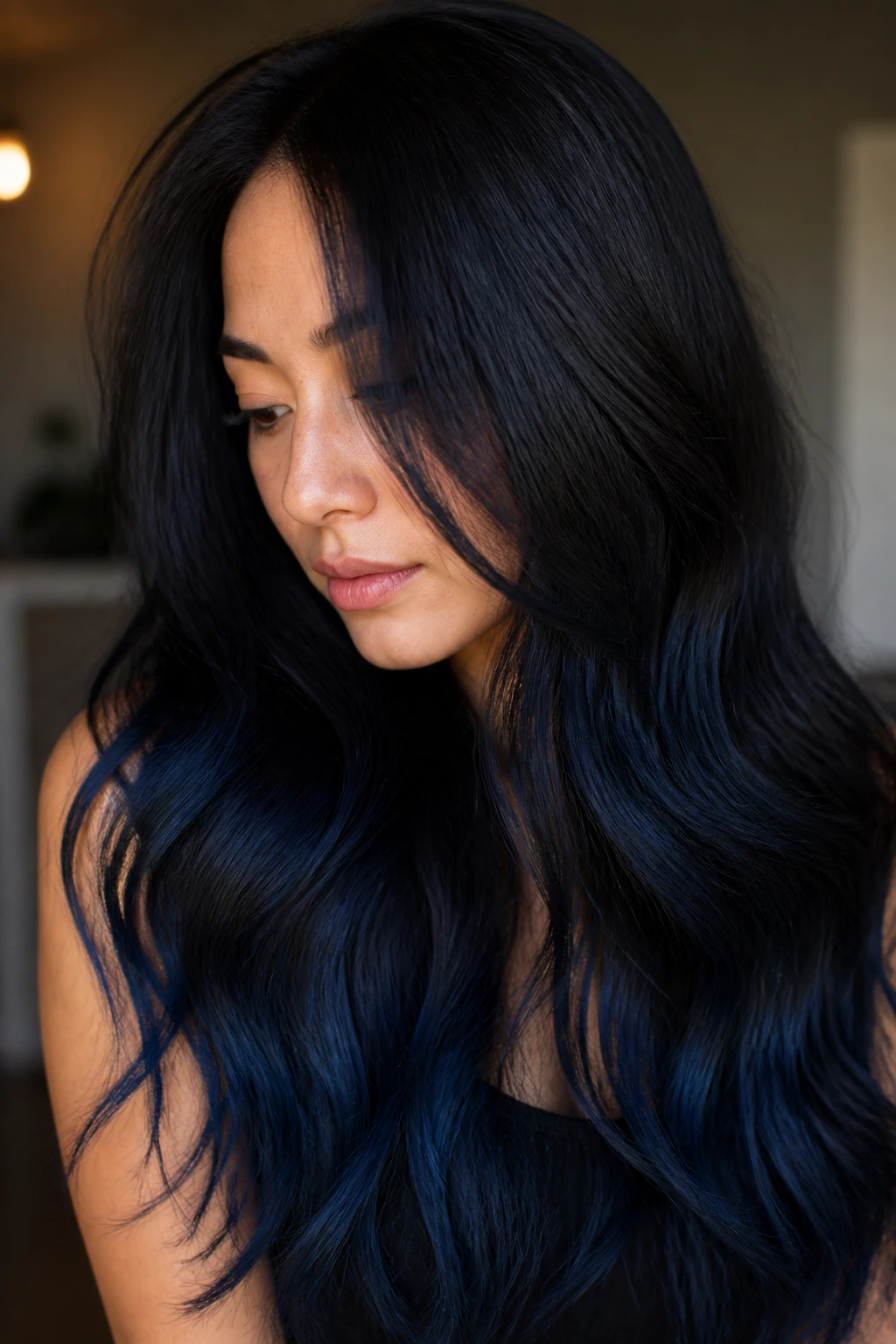 Close-up of a real woman with a low-contrast midnight blue fade in soft waves.