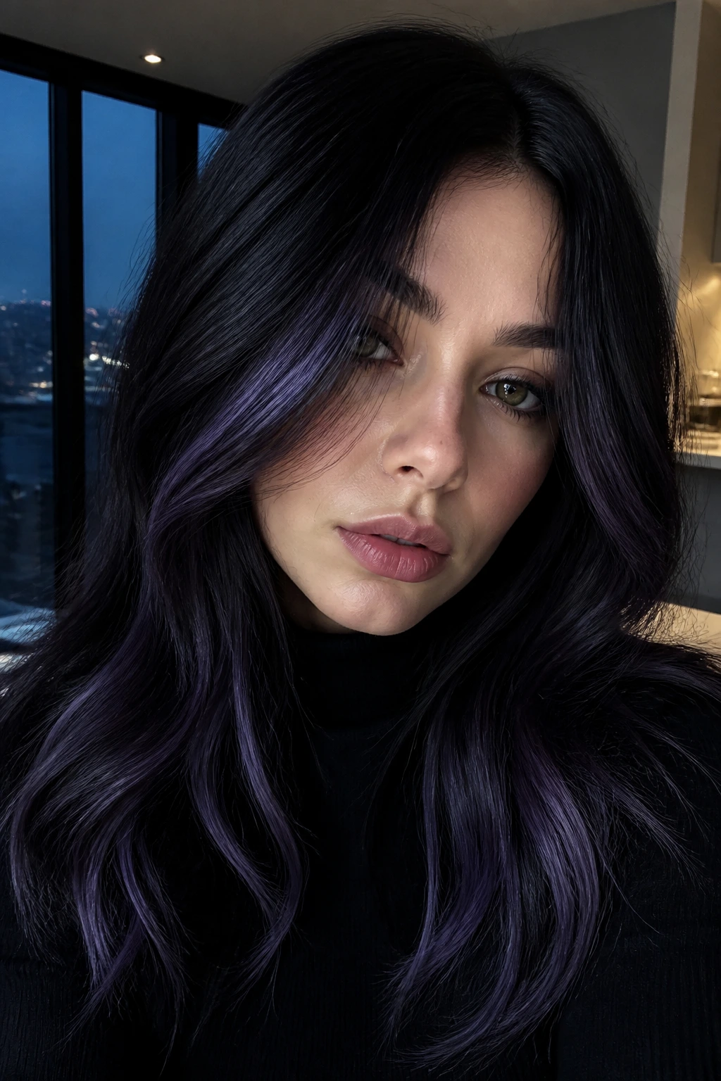 Close-up portrait of a real person with midnight lavender on black hair