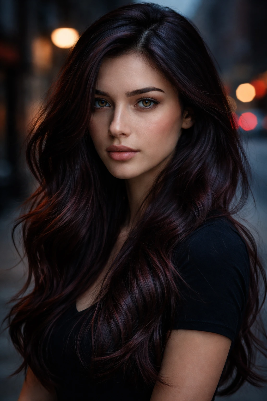 Close-up of a real person with midnight mahogany hair and subtle undertones