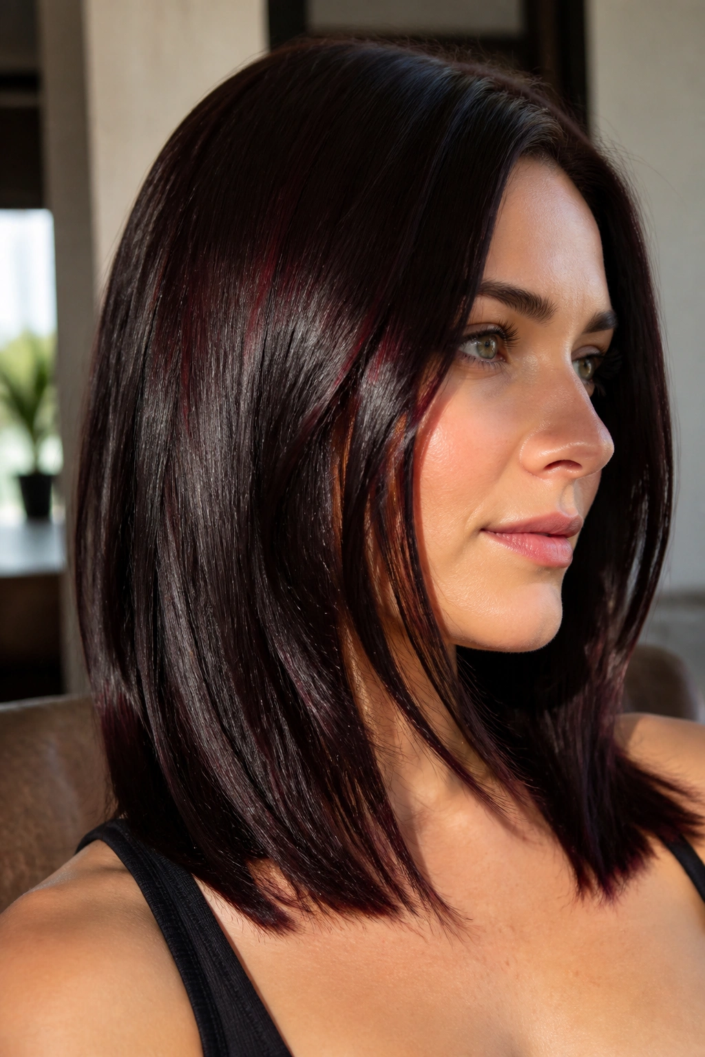 Close-up of a real woman with midnight mahogany hair and a subtle red glaze.