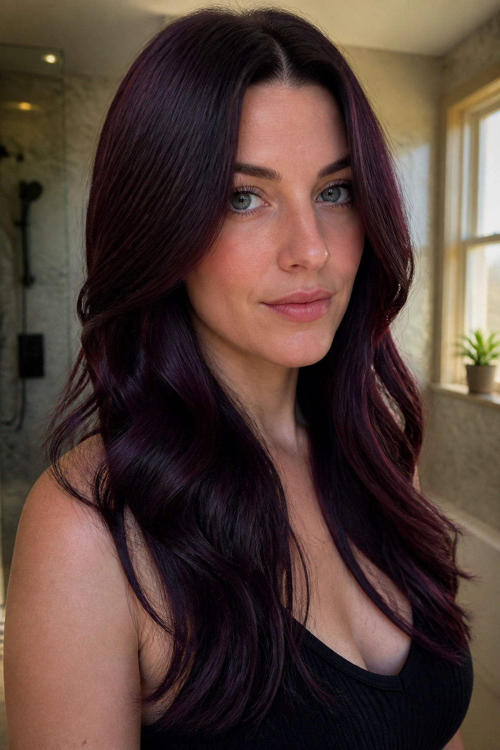 Close-up portrait of a real person with midnight merlot all-over gloss hair under warm window light