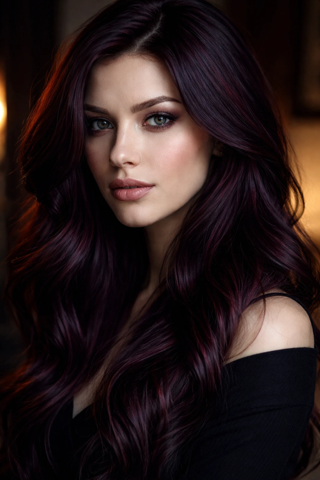 Close-up portrait of a real woman with midnight merlot hair color