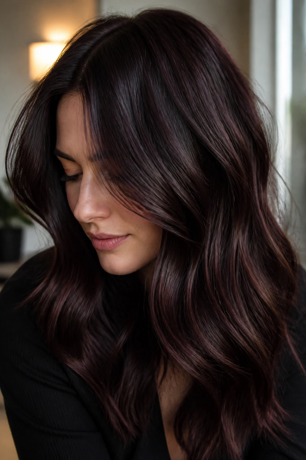 Close-up of a real person with midnight mocha hair and berry gloss