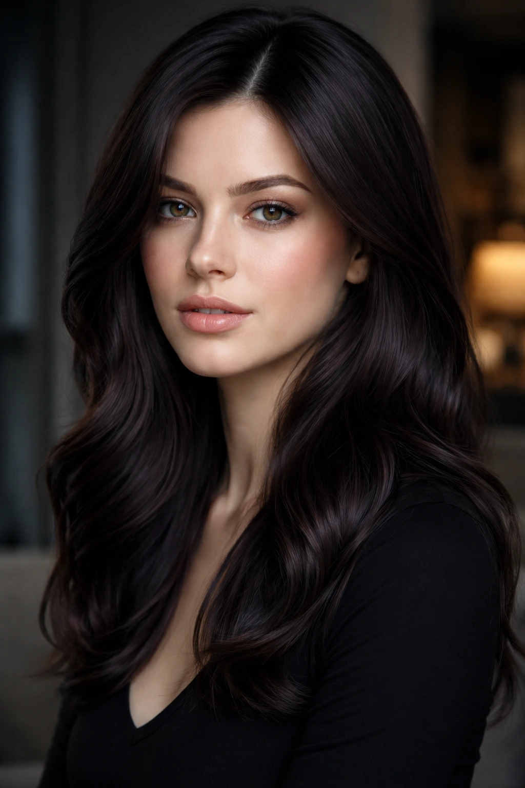 Close-up of deep blue-based midnight mocha brown hair on a real person.