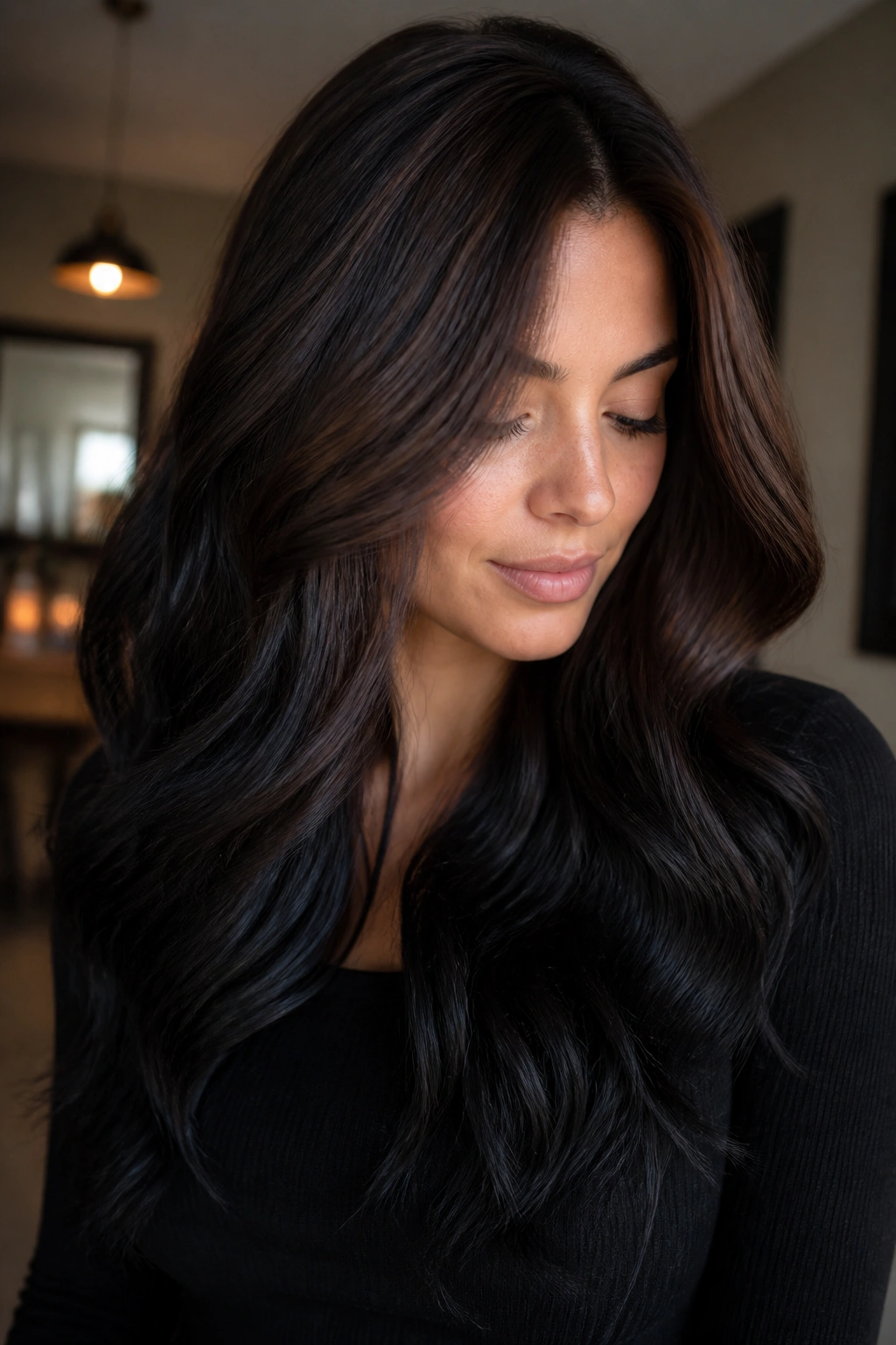Portrait showing a mocha balayage melt with black on the lower lengths