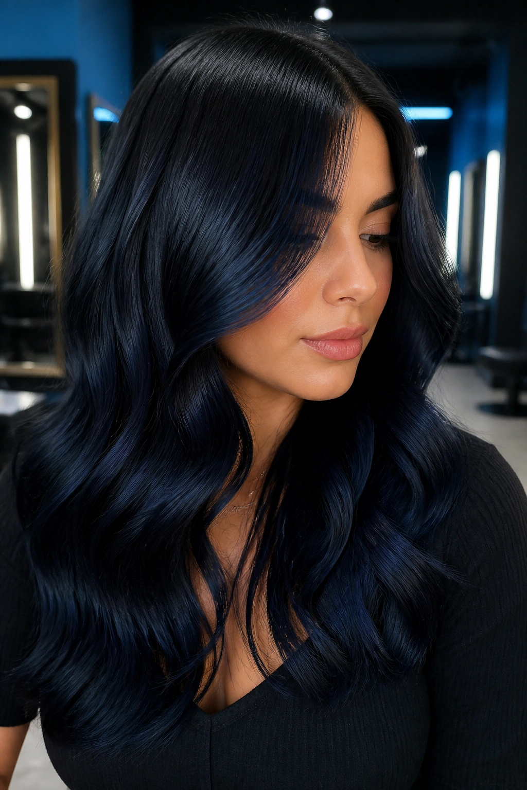 Close-up of a real person with midnight navy black hair