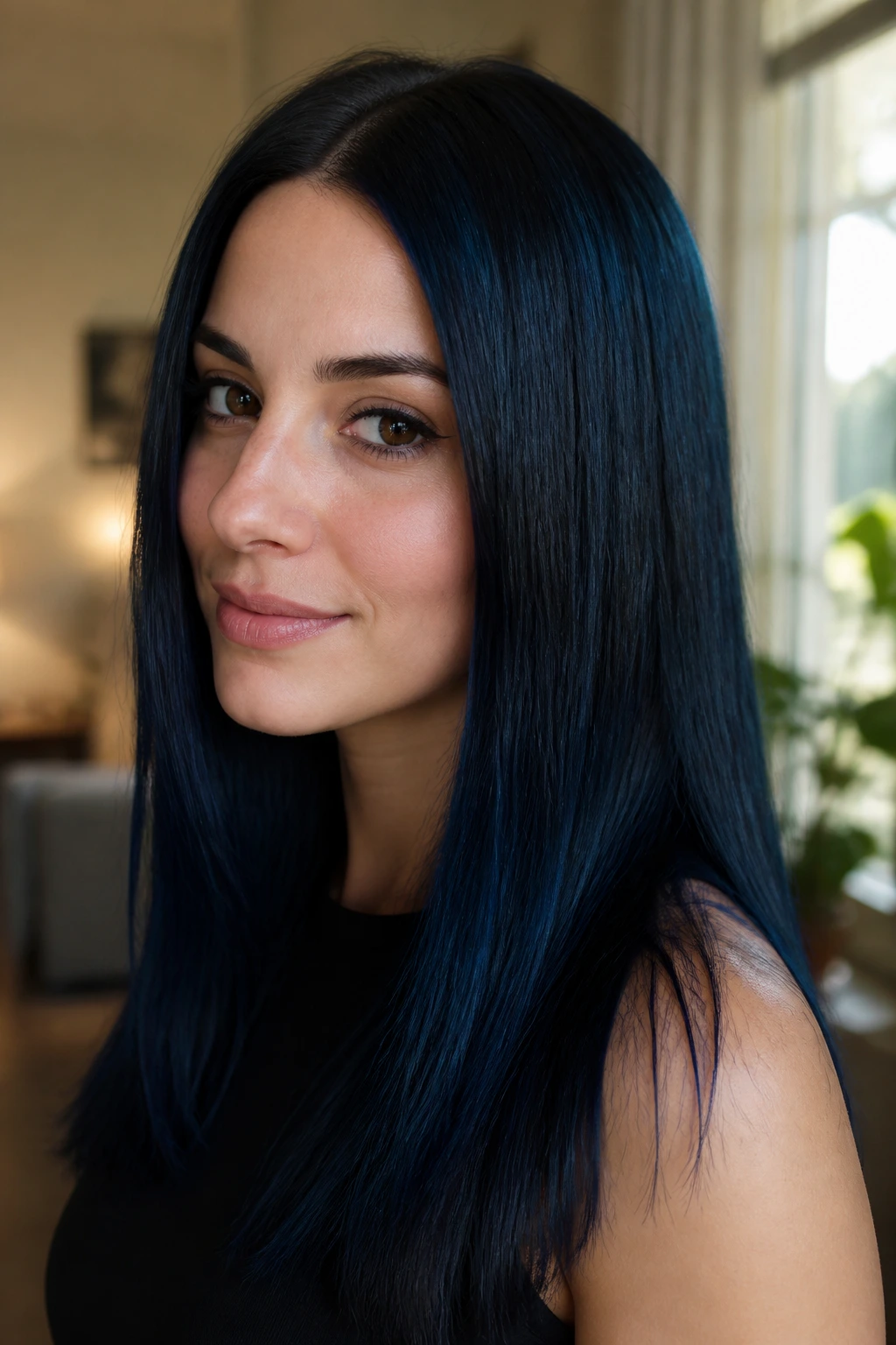 Close-up portrait of a real person with straight Midnight Navy Black hair showing blue undertones.