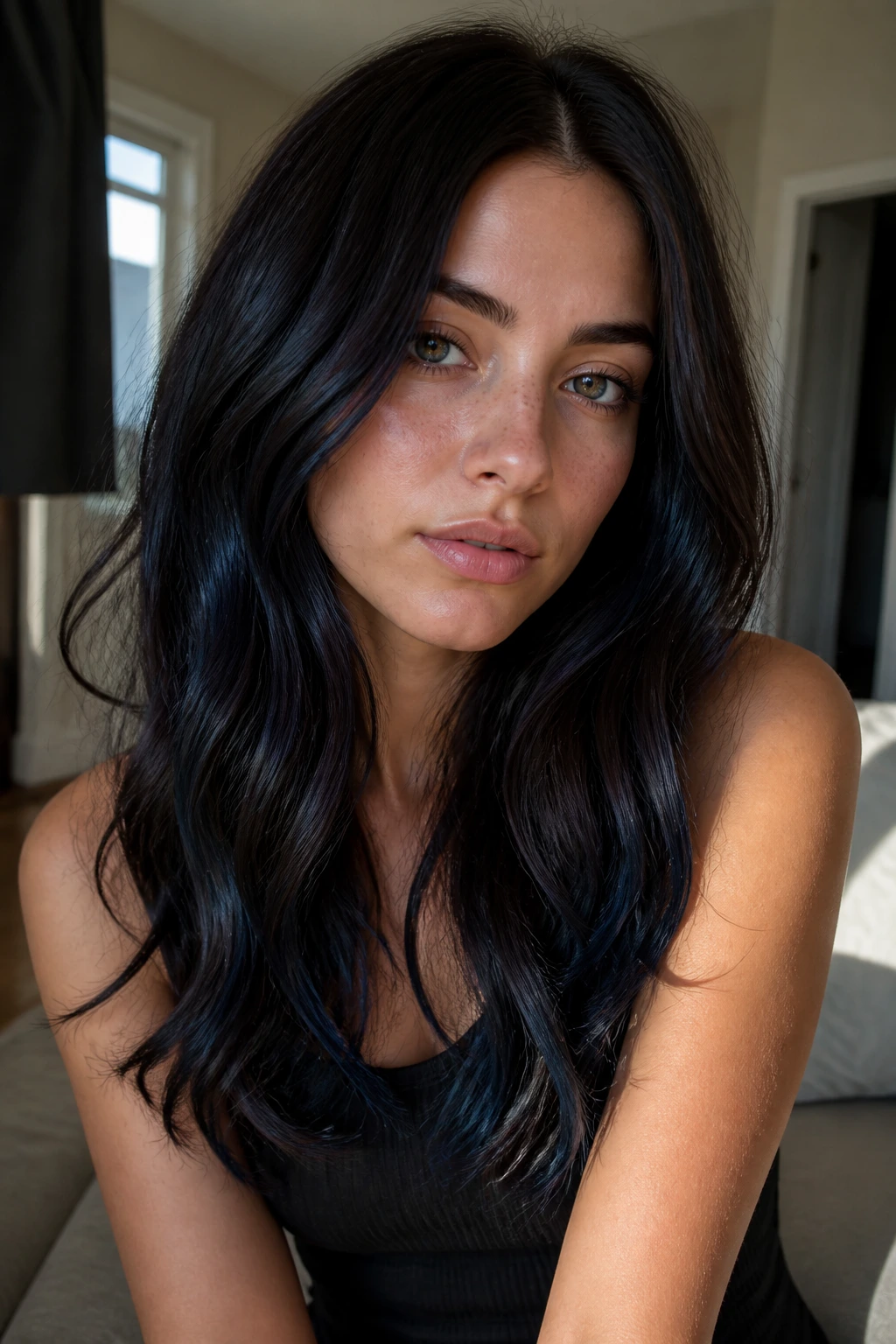 Close-up portrait of a woman with midnight navy brown hair featuring navy gloss through mids and ends.