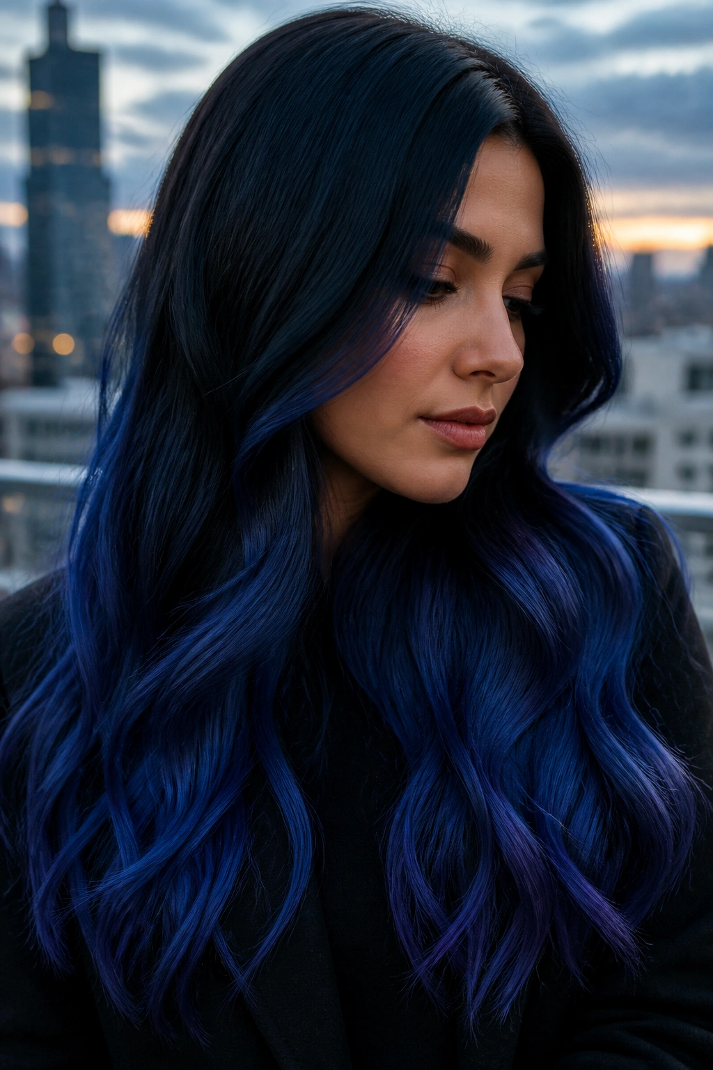 Close-up of a real woman with midnight navy fade ombre on long hair