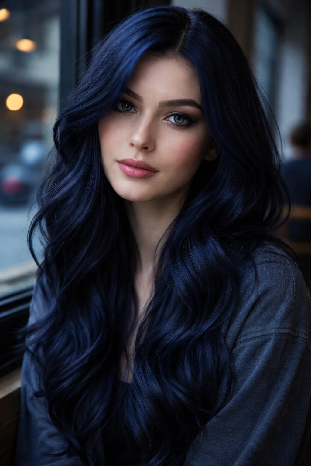 Portrait of a person with deep midnight navy hair under cafe window light.