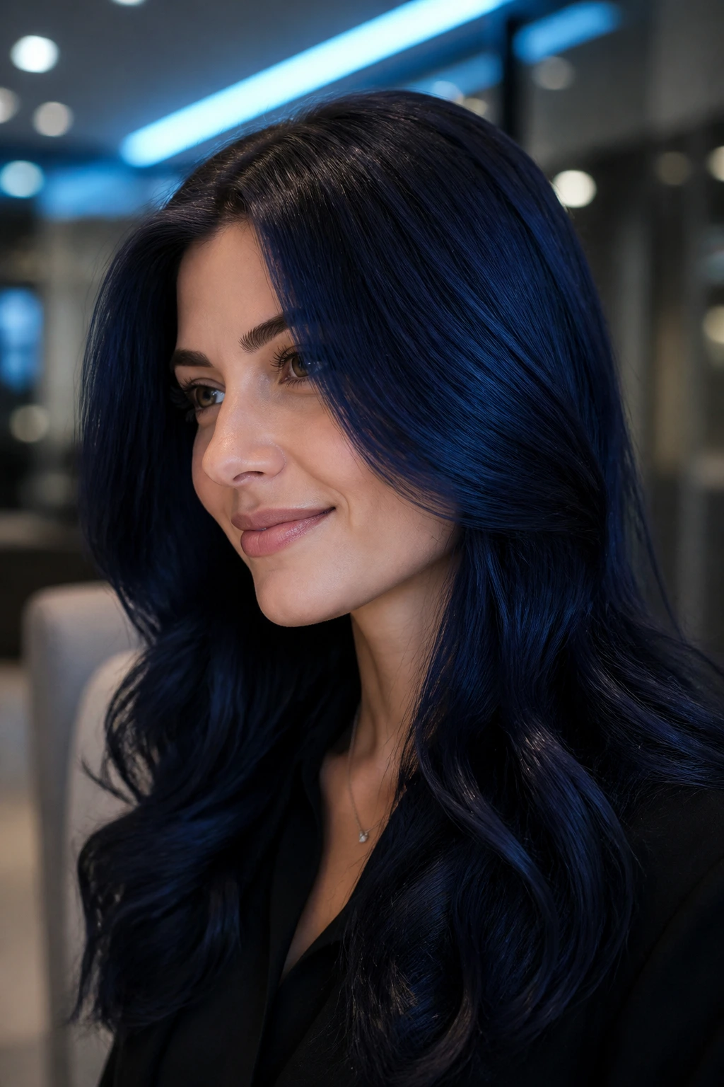 Close-up portrait of a woman with deep midnight navy hair in a blue-lit setting.