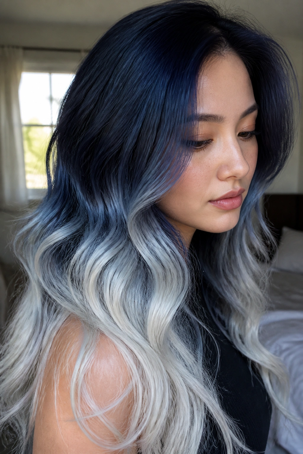 Close-up portrait of a real woman with midnight navy to pearl white ombre hair.