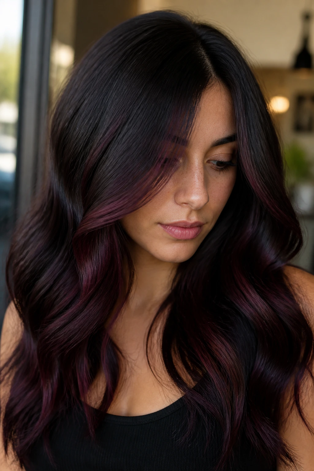 Close-up of almost-black brown hair with midnight plum balayage around the face and ends