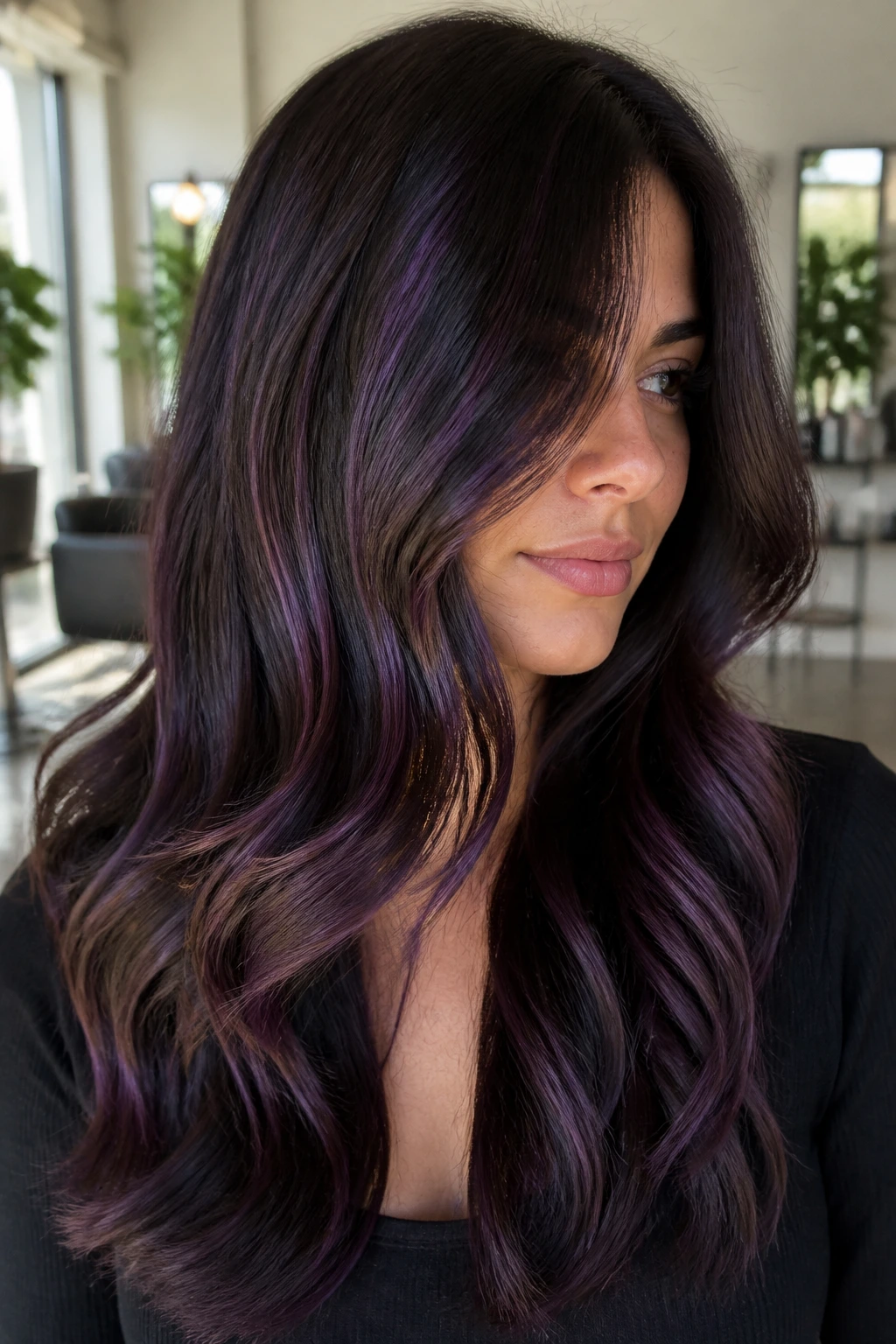 Close-up portrait of brunette with midnight plum ribbon balayage under warm window light