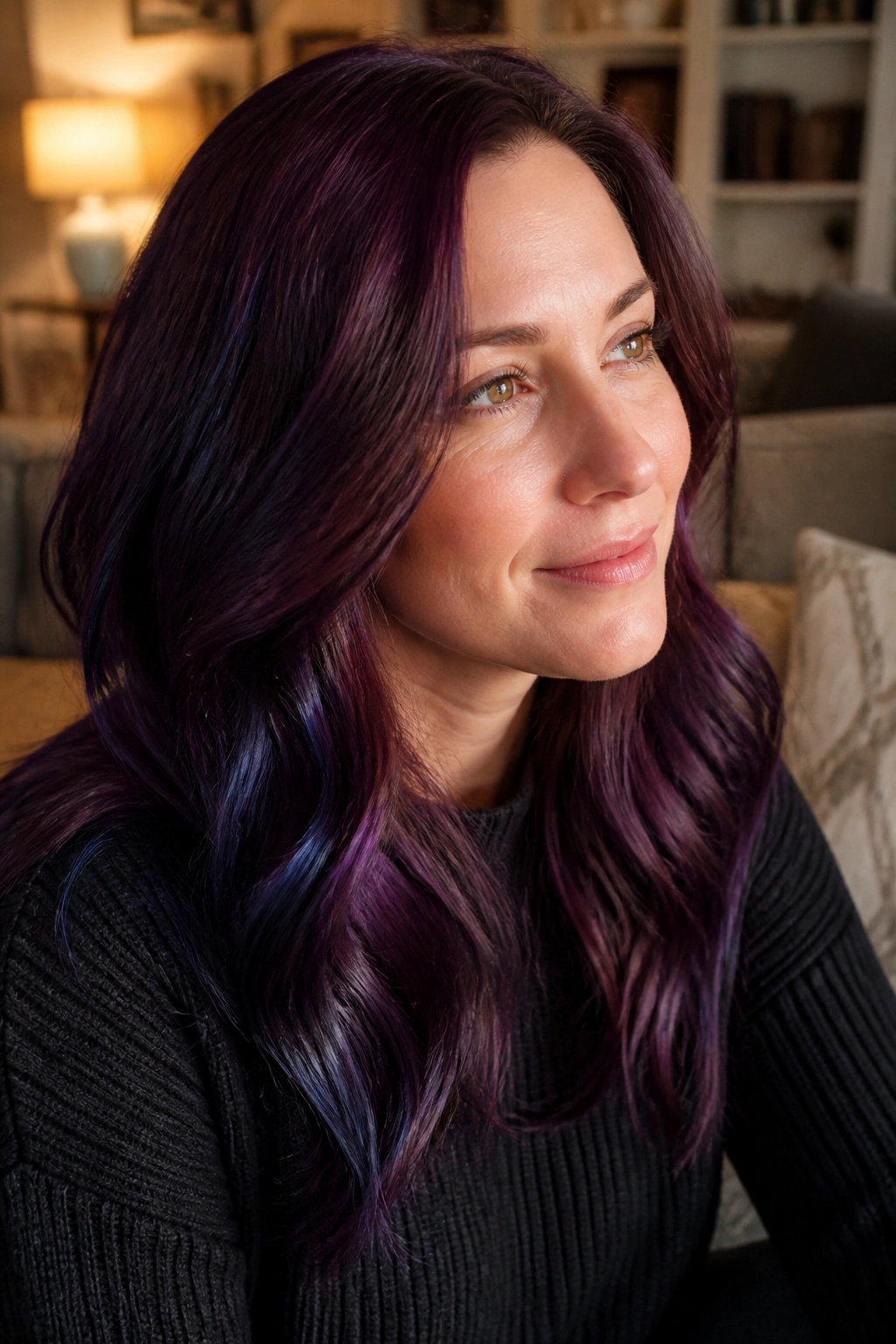 Close-up portrait of a brunette with midnight plum hair and blue sheen.