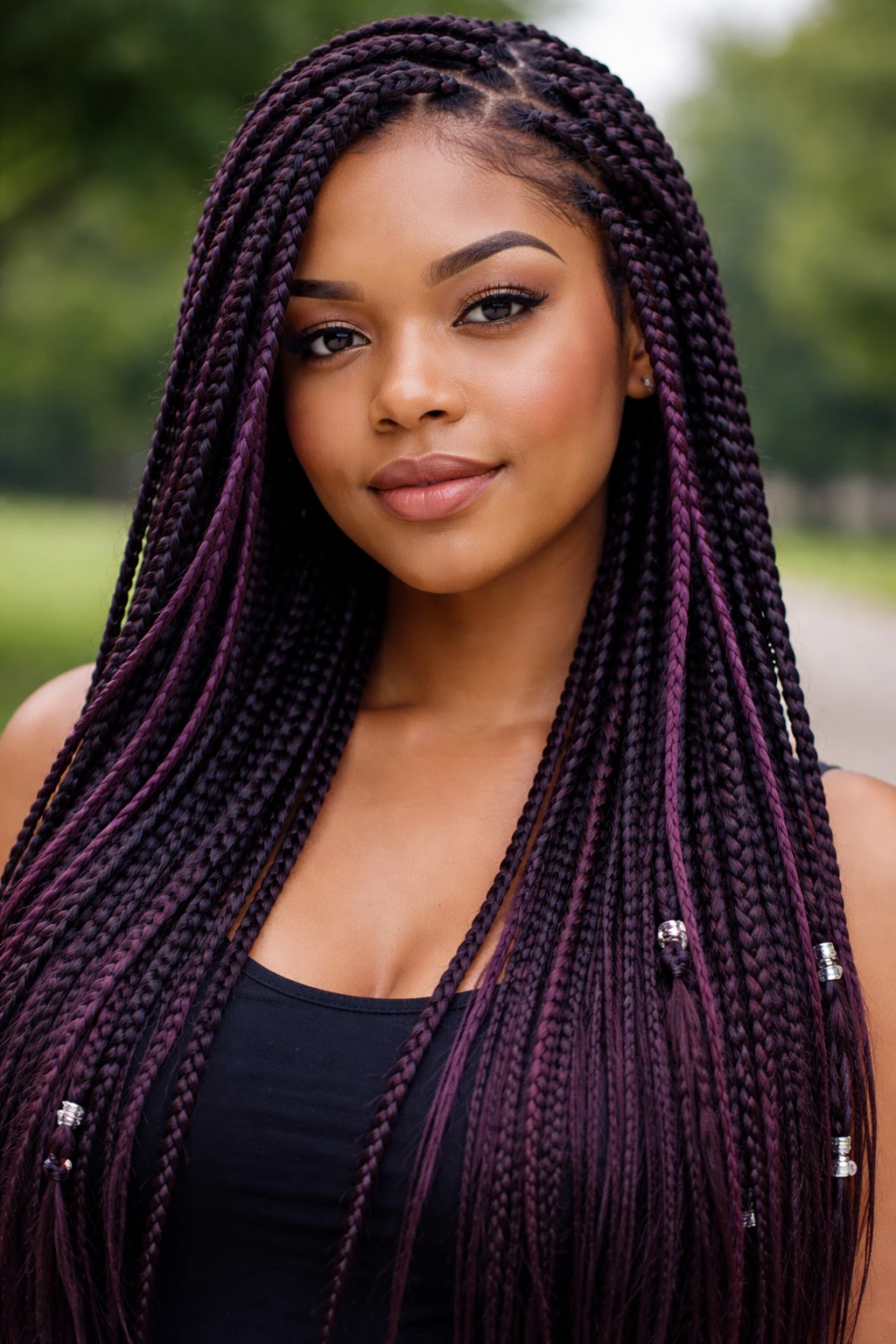 Real person with midnight plum braids in a park setting.