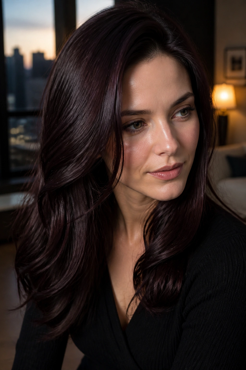 Close-up of a real woman with nearly black midnight plum brown hair catching side light