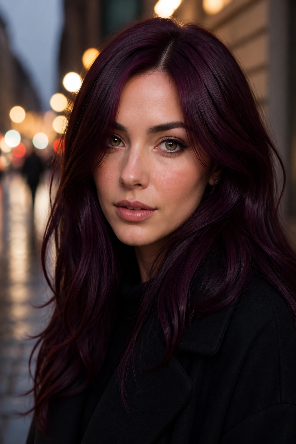 Close-up of a real woman with midnight plum burgundy hair framing her face