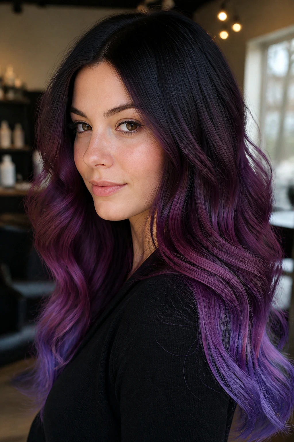 Close-up portrait of a real woman showing Midnight Plum Fade with dark roots and plum to violet ends