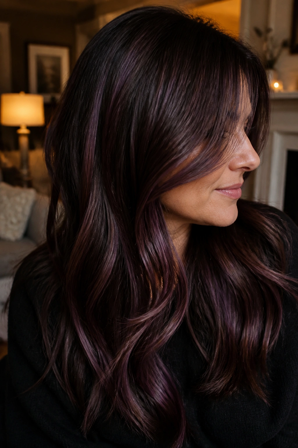 Close-up of a real woman with brown hair showing midnight plum lowlights for depth