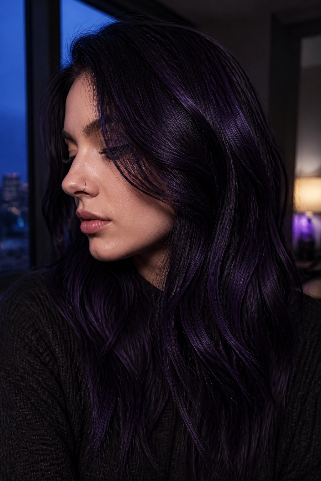 Portrait of a person with near-black violet hair and purple sheen in evening light.