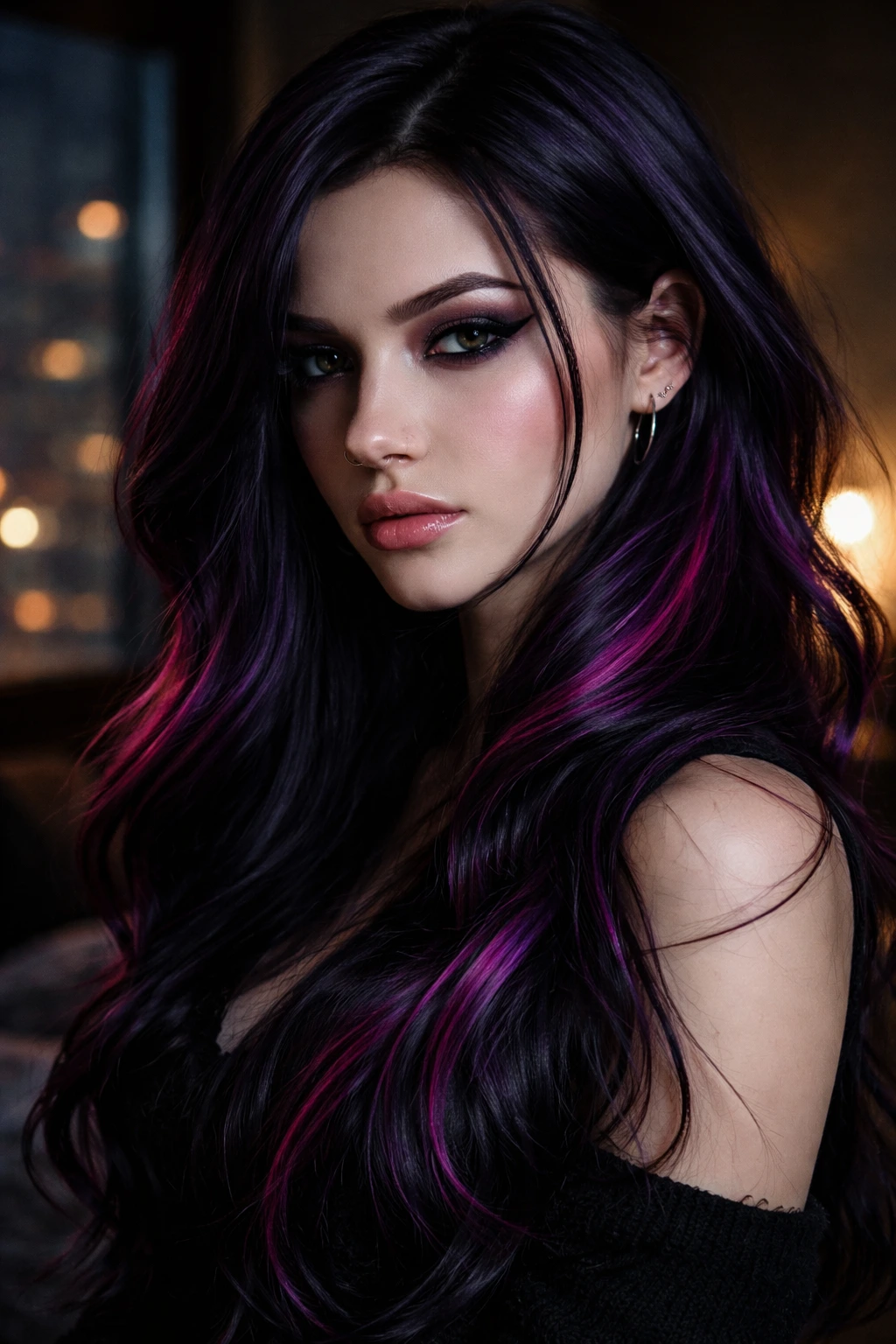 Close-up of a real person with midnight purple hair and magenta accents in a moody setting