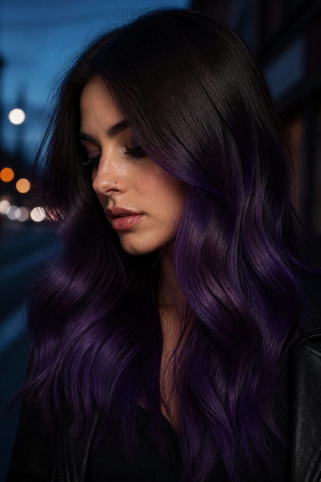 Close-up portrait of a woman with midnight purple melt hair