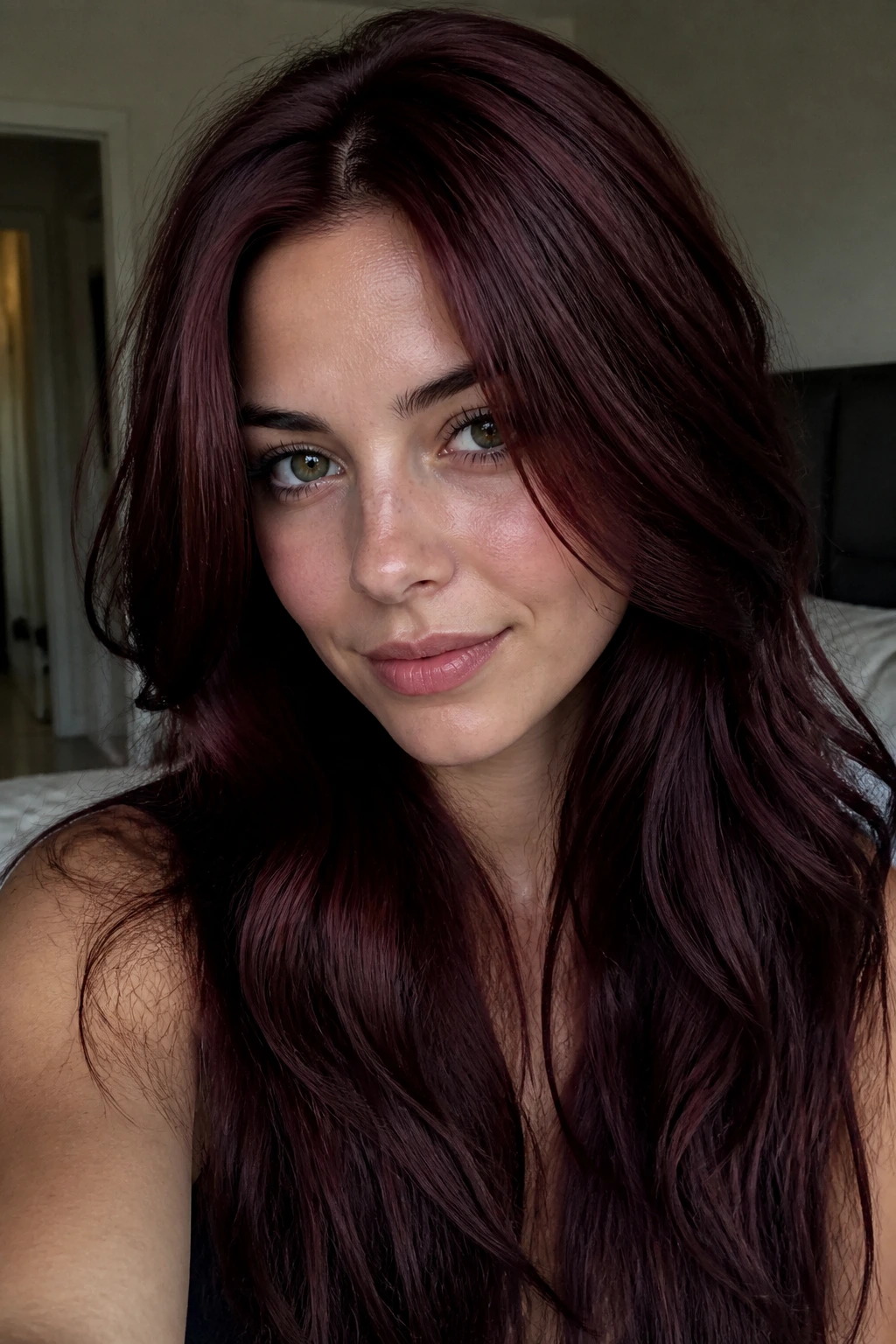Close-up of real person with midnight red-auburn hair in soft window light