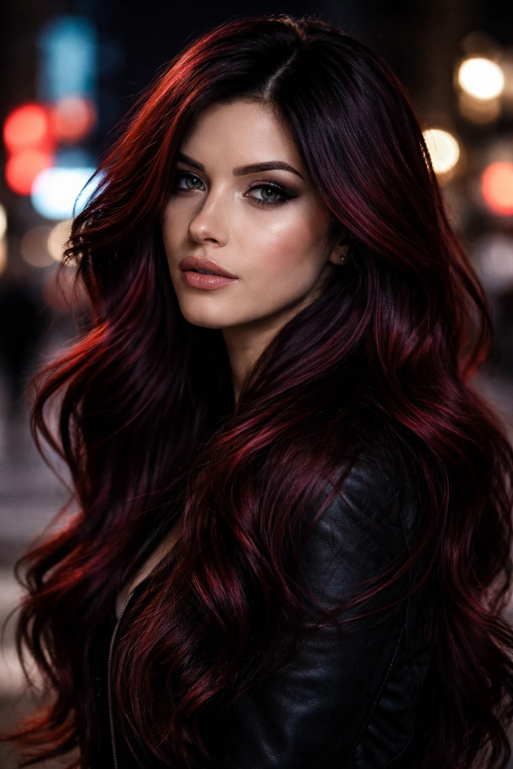 Midnight red hair close-up on a real woman in a night city street