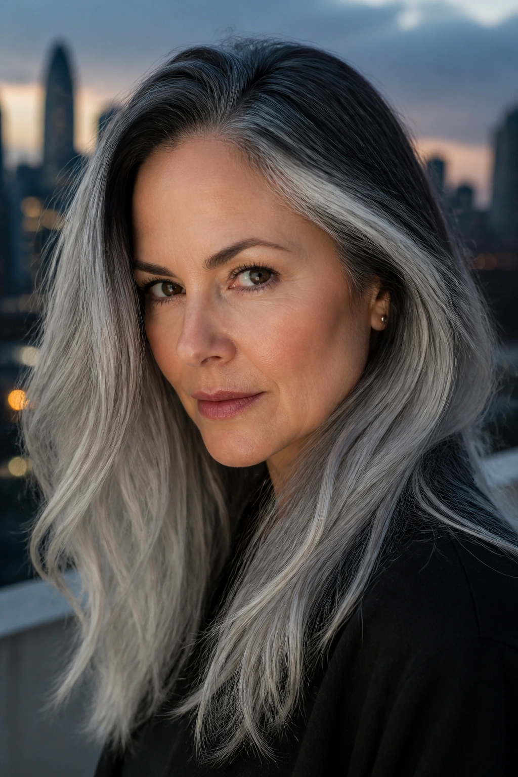 Close-up portrait of a real person with midnight root shadow hair