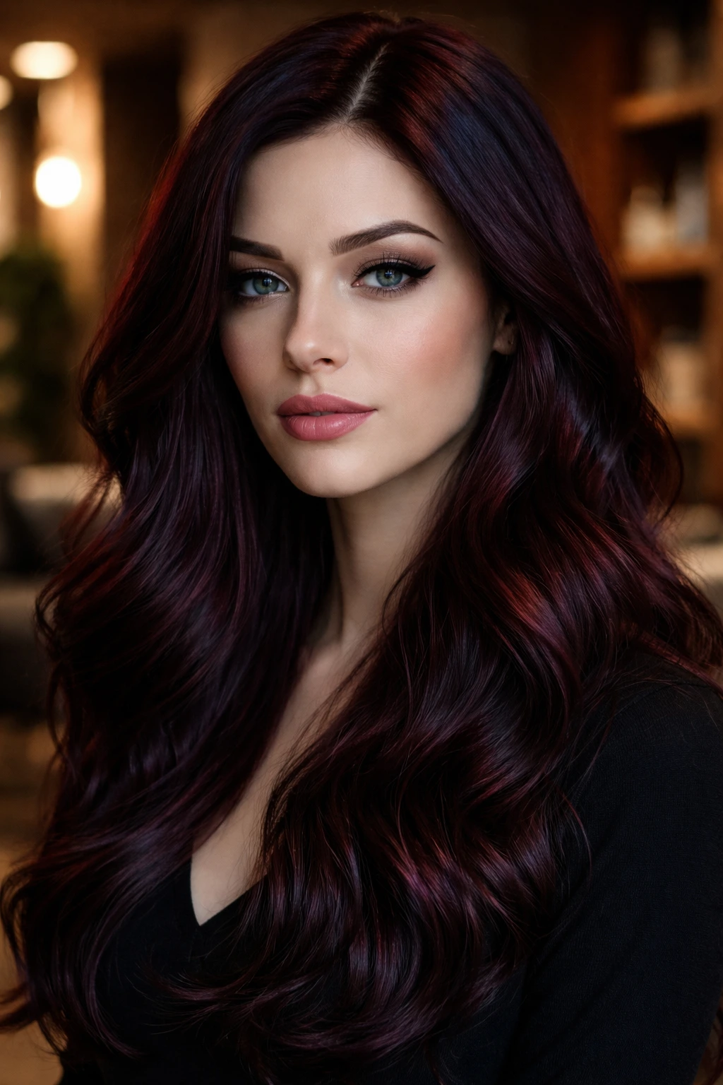Close-up of real person with midnight ruby hair, blue-based red shade, moody salon lighting