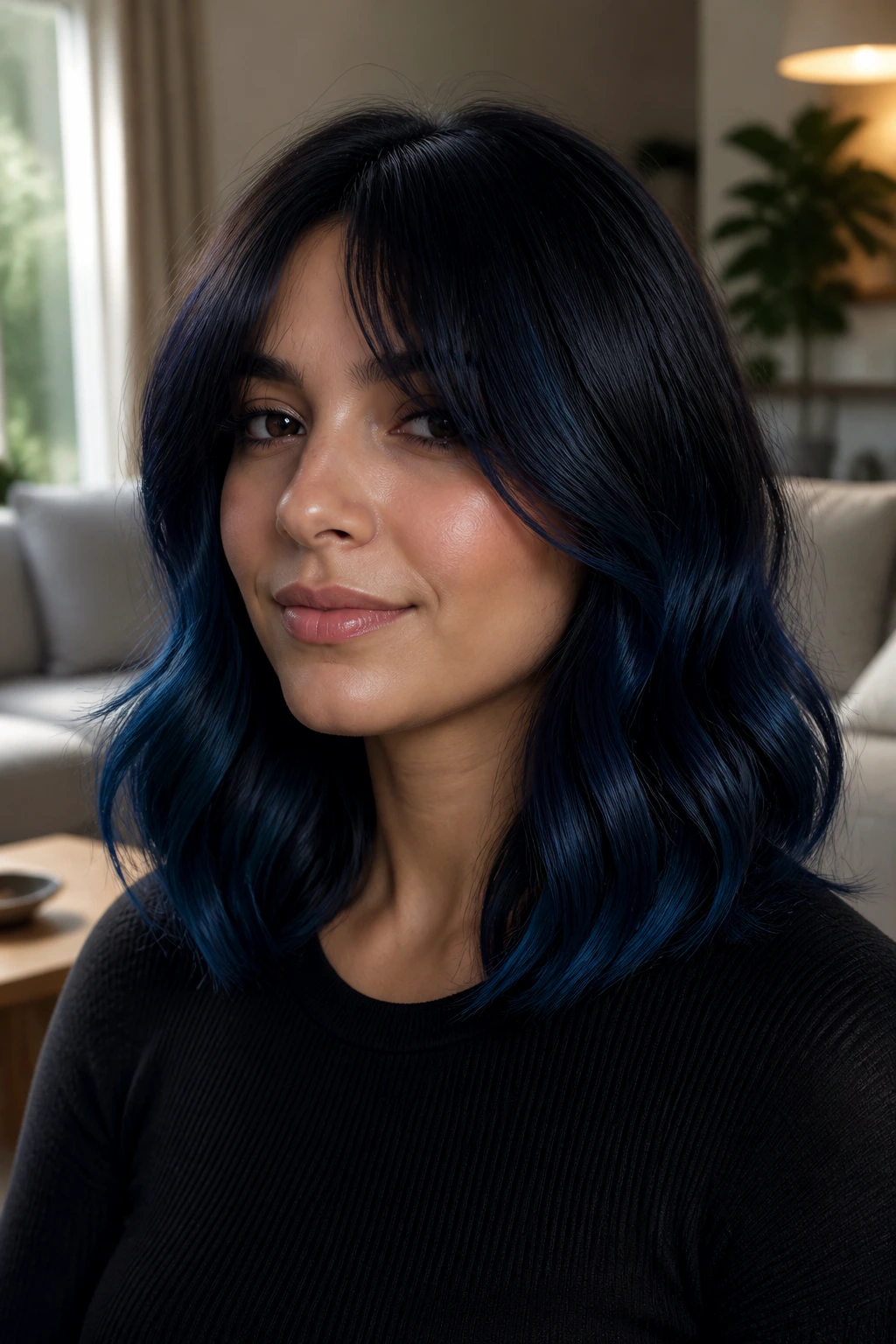 Close-up of hair with midnight sapphire curtain balayage and curtain bangs framing the face.
