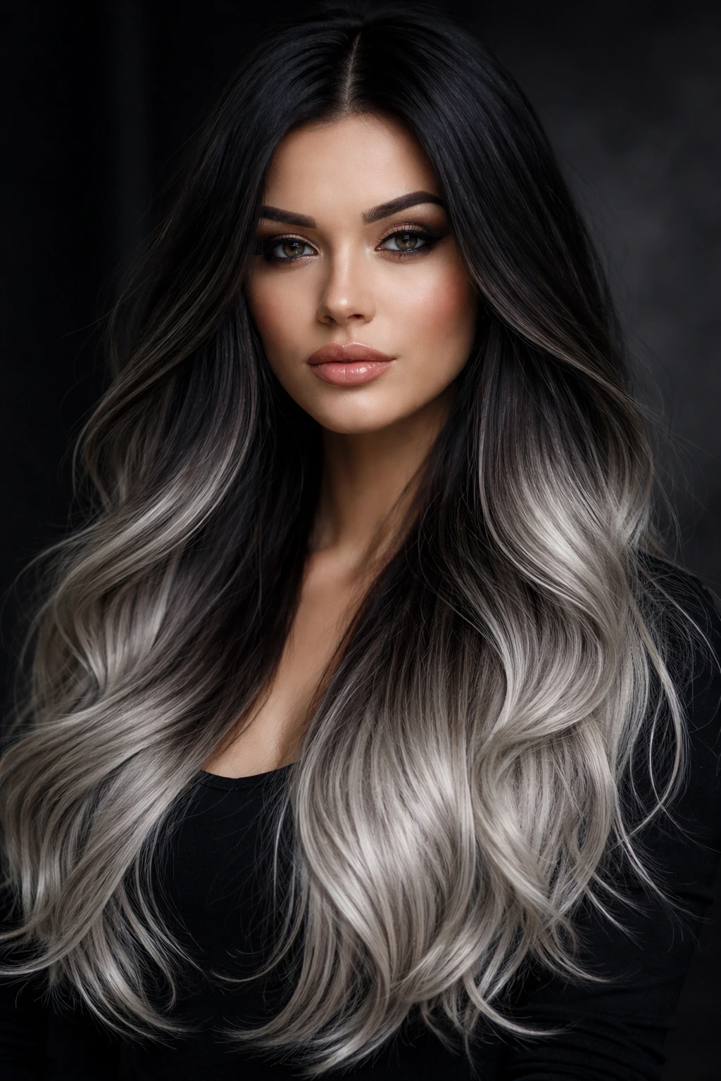 Close-up portrait of a real woman with midnight to silver gradient hair