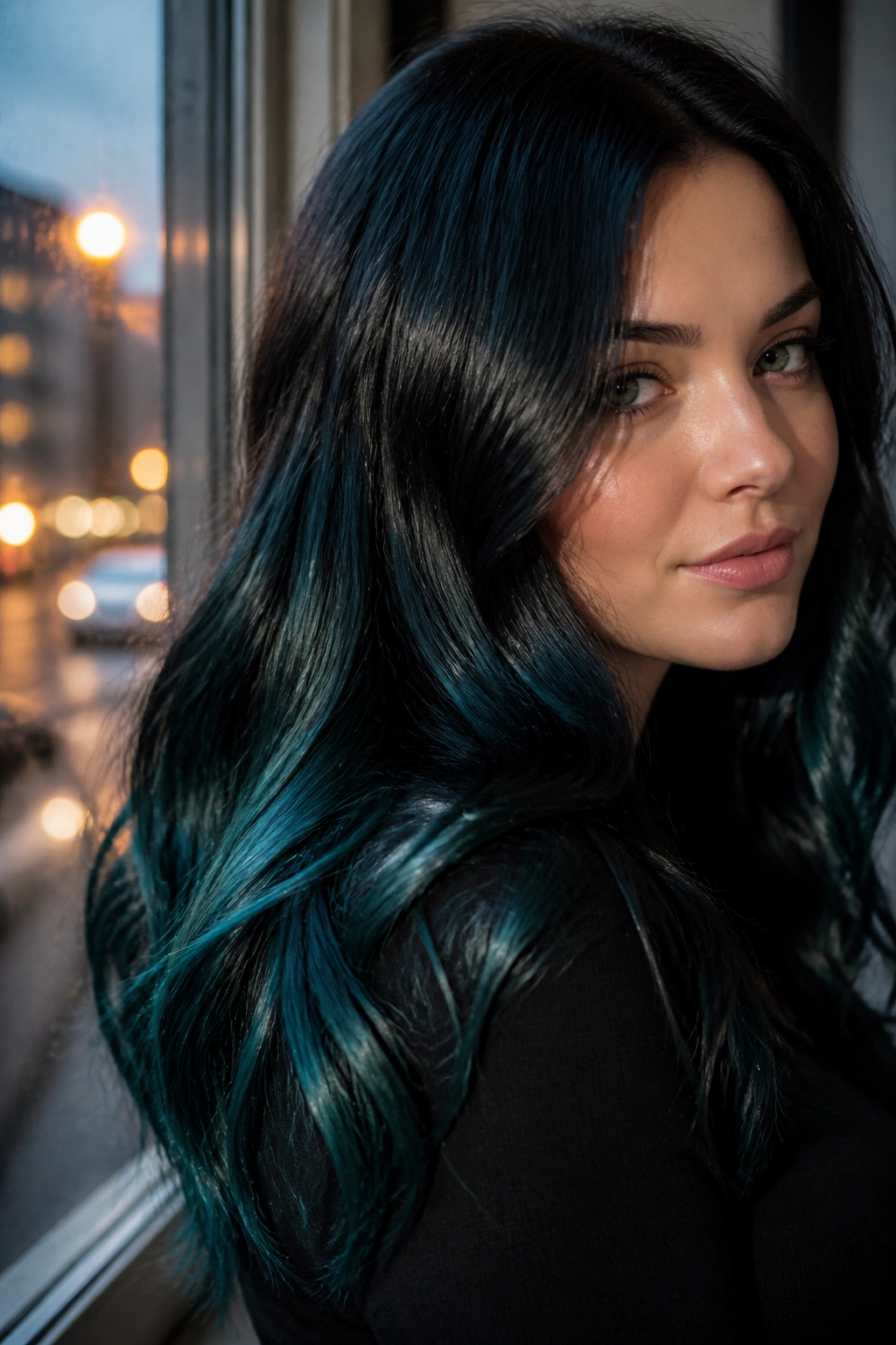 Close-up of black hair with teal sheen under light