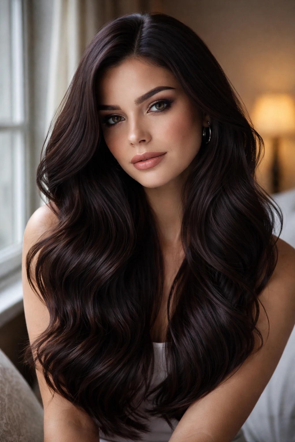 Close-up portrait of a real woman with Midnight Truffle hair color in a cozy bedroom window light.