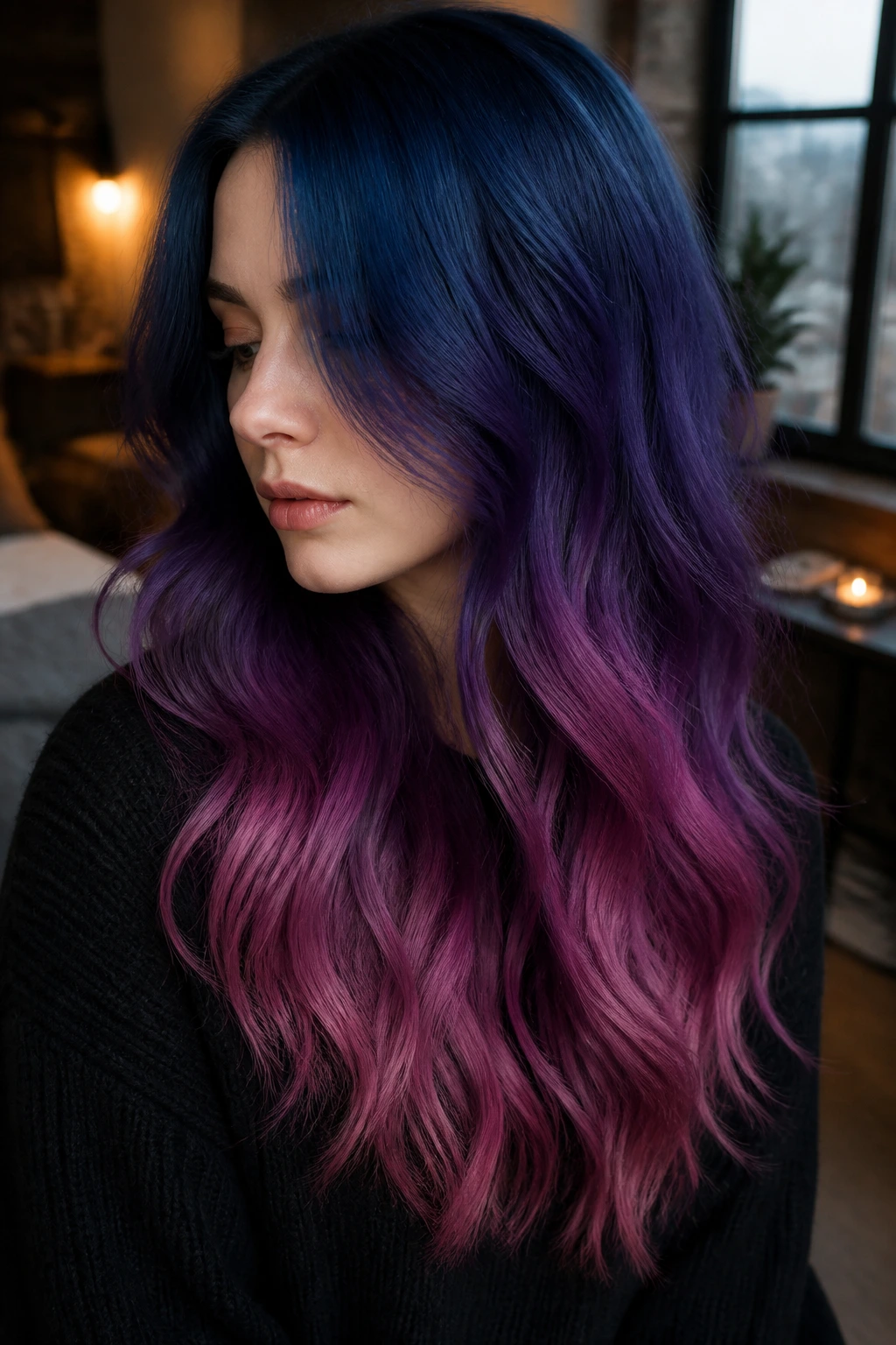 Portrait of a real person with Midnight Unicorn Ombré hair in navy, violet, and smoky rose under moody indoor light.
