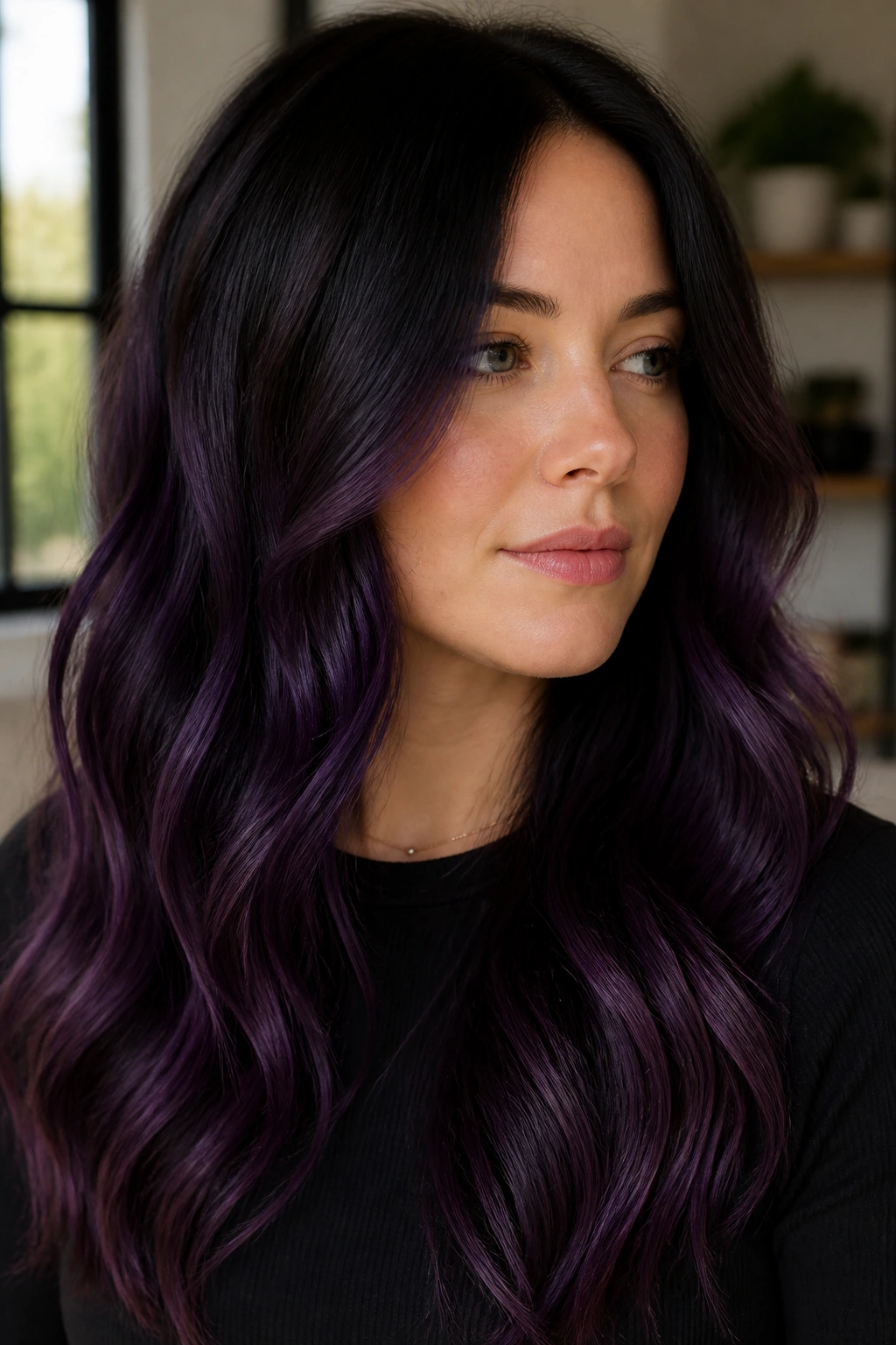 Close-up of a woman with midnight violet balayage on long waves