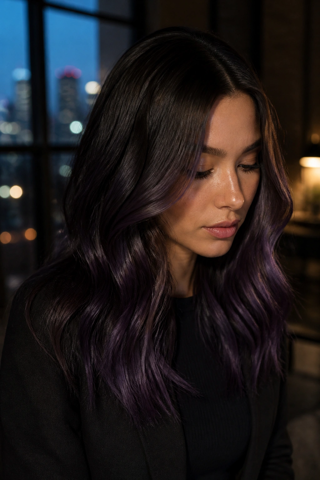 Real woman with midnight violet balayage on brown hair in moody loft lighting