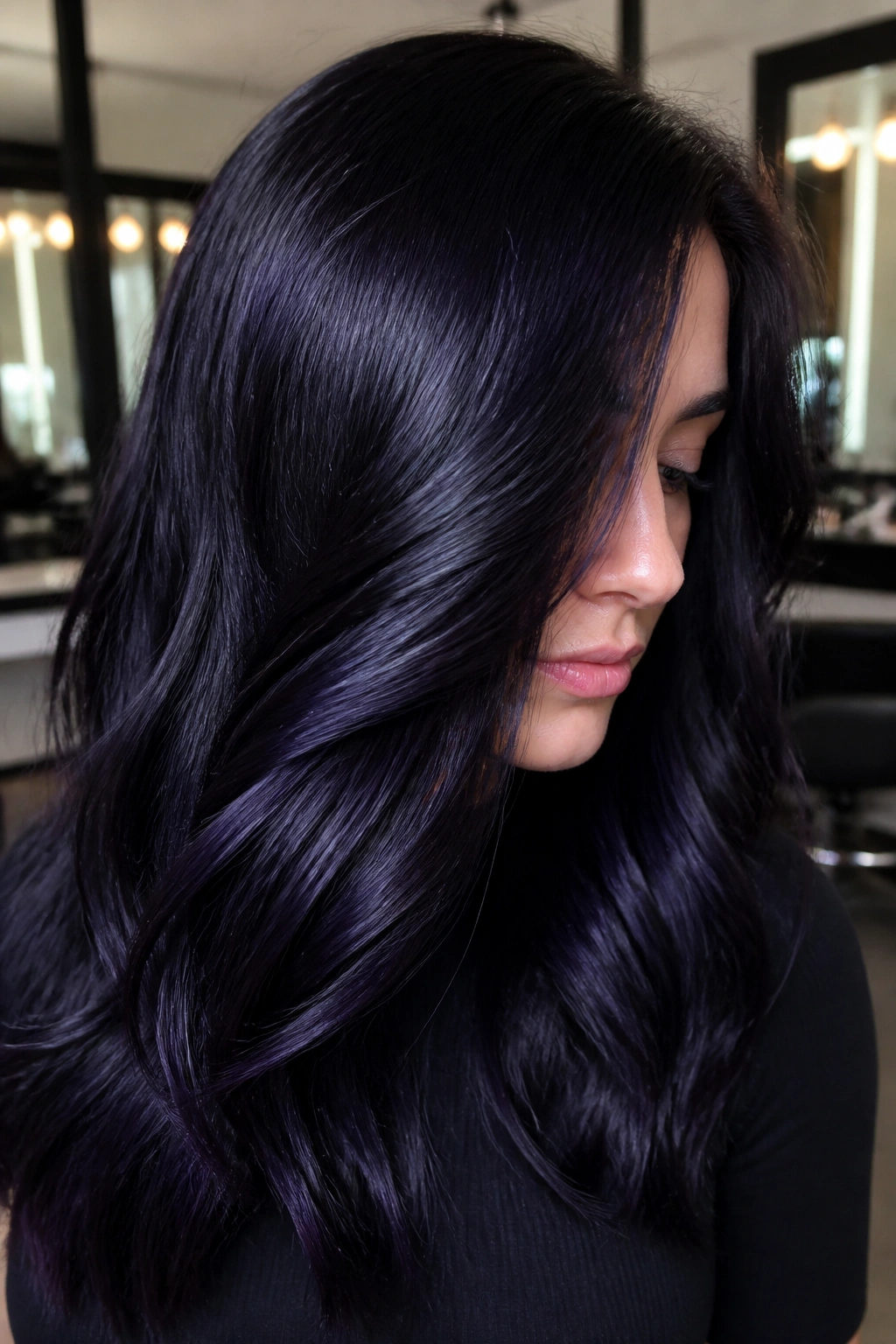 Close-up of near-black hair with subtle blue-purple sheen