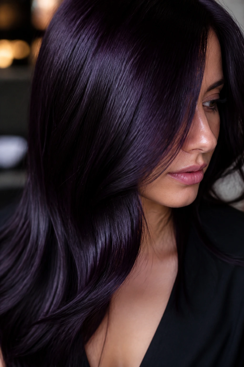 Close-up portrait of a real woman with midnight violet gloss hair