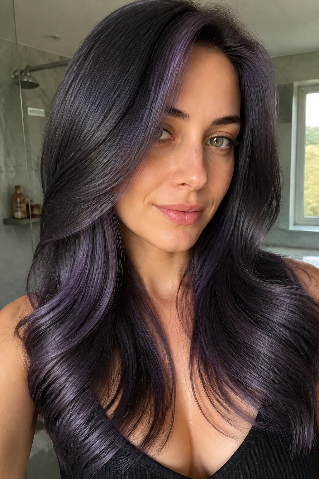 Close-up portrait of a real woman with midnight violet grey hair in glossy waves